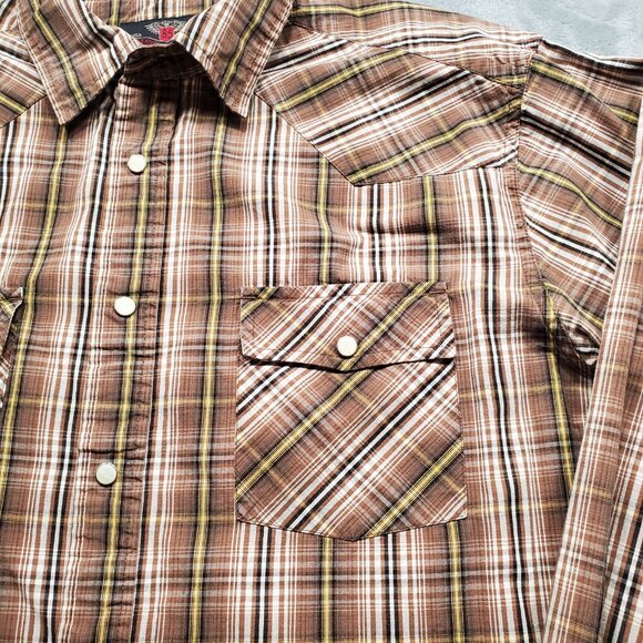 Steve & Berry's Western Pearl Snap Plaid Shirt 2 Pckt Brown Yellow Black Mn Sz L - Picture 5 of 10